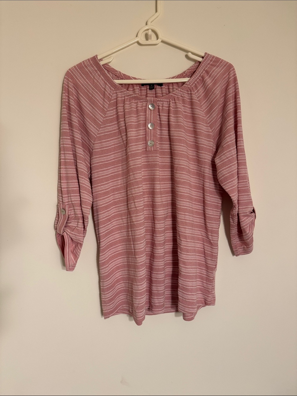 Adrienne Vittadini Blush Pink Striped Henley Tunic